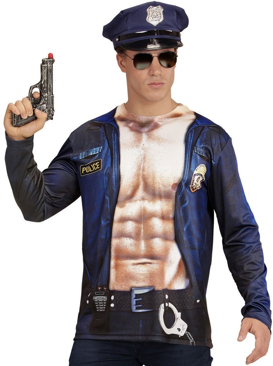 Politie & Detective Kostuum | T-Shirt Lange Mouwen Potige Politie Man | Medium / Large | Carnaval kostuum | Verkleedkleding